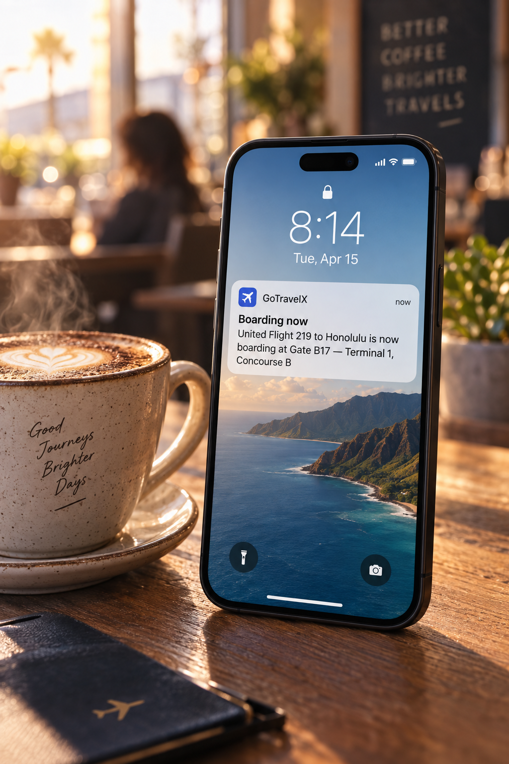 A GoTravelX notification on an iPhone: United Flight 219 to Honolulu is now boarding at Gate B17 in Terminal 1, Concourse B.